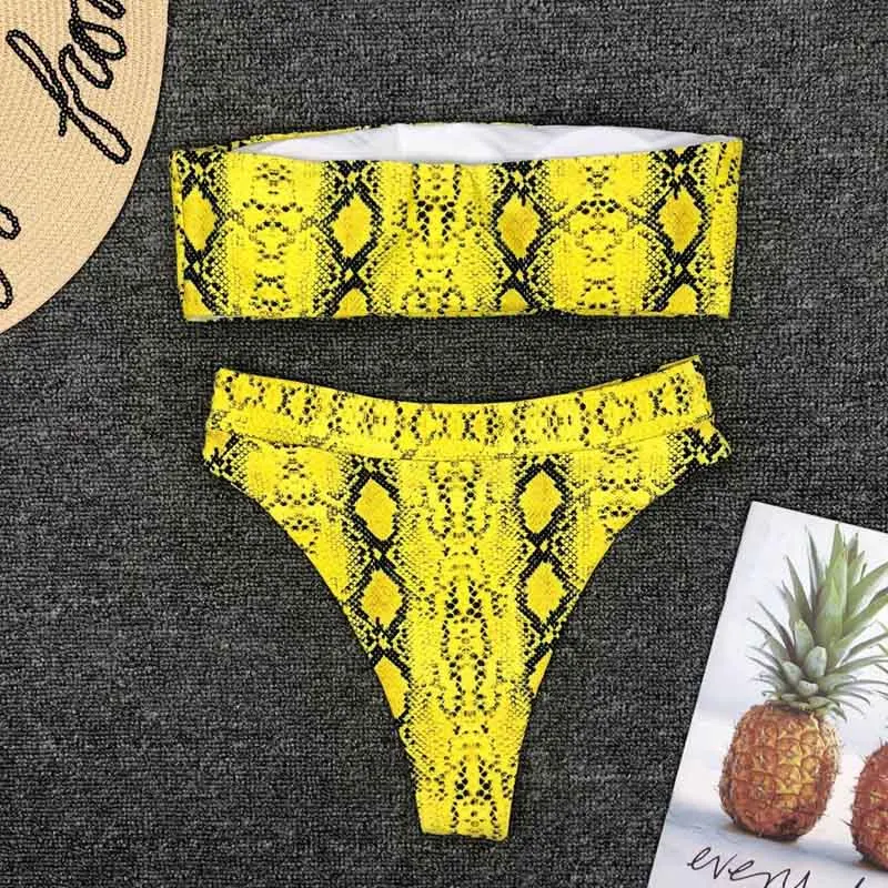 2019 nuevo Bikini de cintura alta conjunto amarillo Bandeau traje de baño Sexy estampado Tanga Bikini mujer traje de baño dos piezas bañador traje