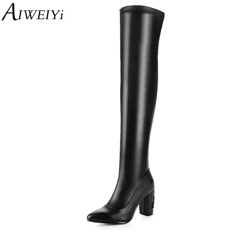 

AIWEIYi Over The Knee Boots Winter Round Toe Warm Women Boots Lady Stretch Fabric Slip On Fashion Boots Long Botas Shoes