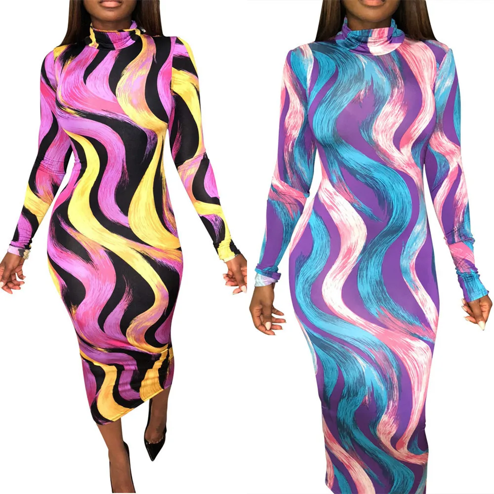 European fashion women autumn dress long sleeve colorful striped midi
