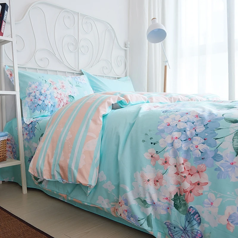 

American Pastoral Style Blue Folral Bedding Set Girl Duvet Cover Set Full Queen 4PCS