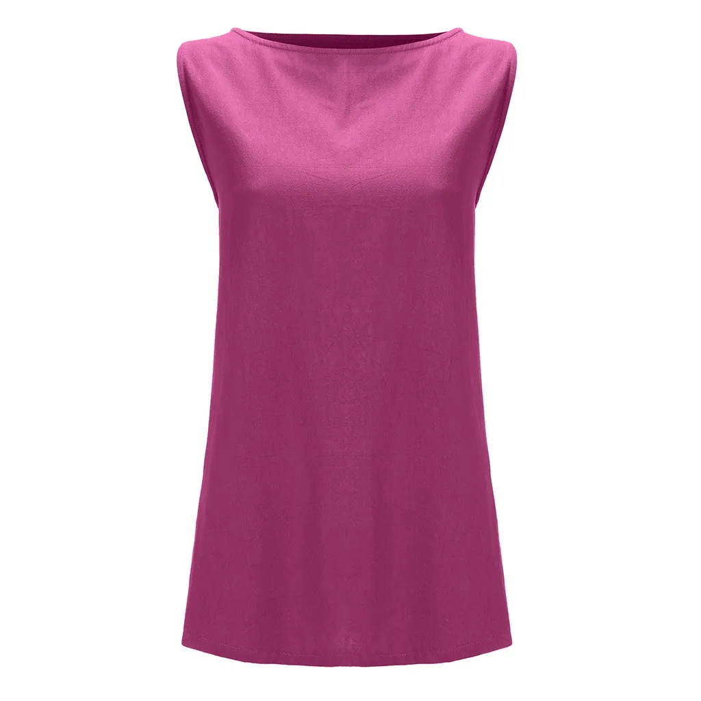 Топ femme tanktop женский модный Повседневный однотонный льняной жилет без рукавов с круглым вырезом Топы на бретелях блузки летний Свободный Топ mujer verano
