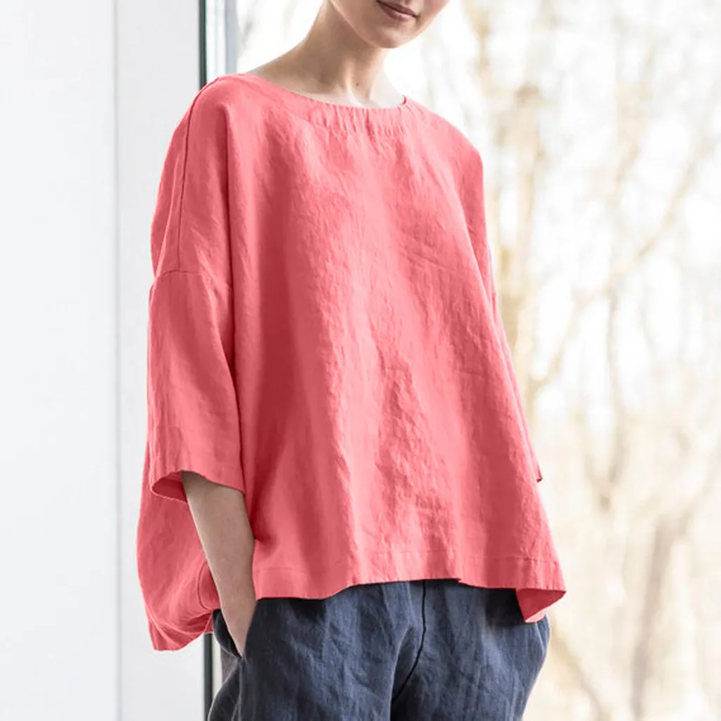 

Plus Size Women's Cotton And Linen Summer Blouse Solid Half Sleeve Tops Loose Casual shirt mori girl kimono donna blusa feminina