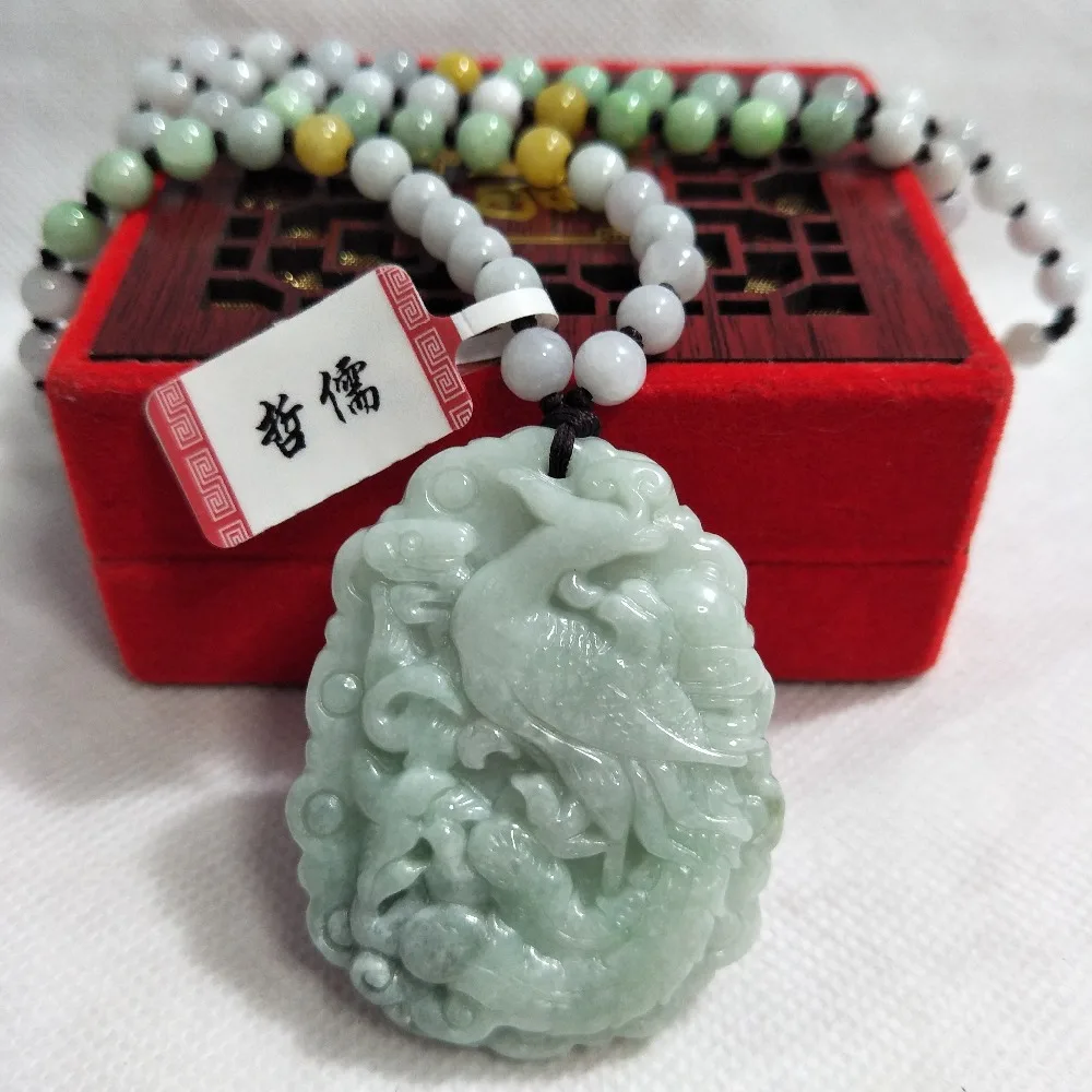 

Zheru Jewelry Pure Natural Jadeite Light Green Bird Phoenix Pendant Tricolor Jadeite Bead Necklace A Class A National Certificat