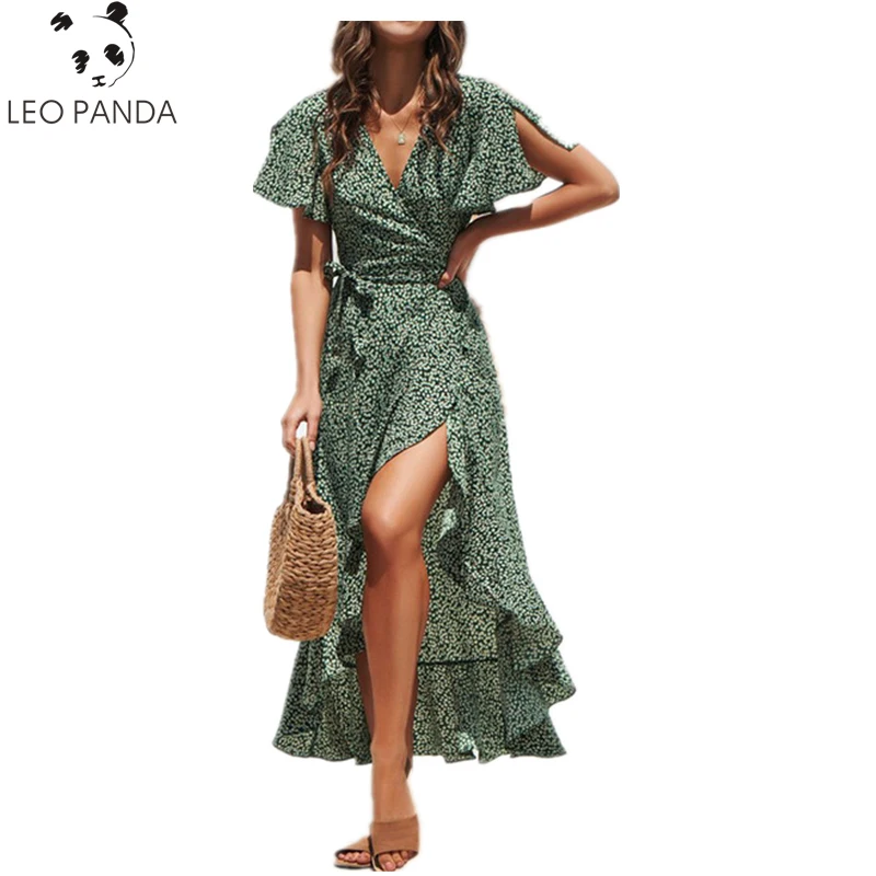 

2019 Summer Boho Style Floral Print Maxi Beach Dress Long Chiffon Dress Sexy Side Split Elegant Party Dress Sundress Vestidos