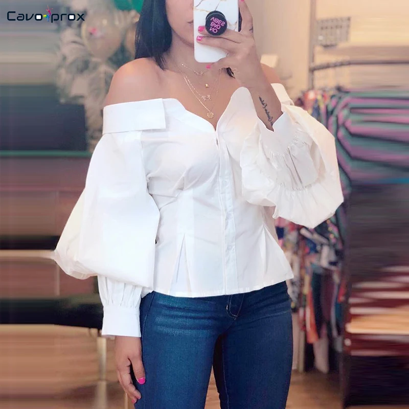 

Women Off Shoulder Lantern Sleeve Button Design Elegant Blouse Casual Solid Slash Neck Streetwear Spring Fall Shirts