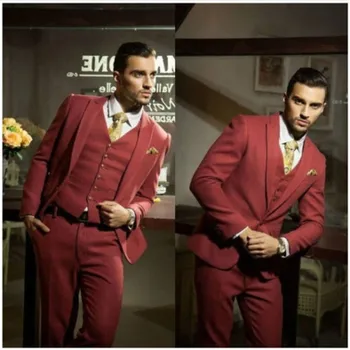 

Red Groom Tuxedos Custom Made Slim Fit Side Slit Wedding Groomsman Men Bridegroom Suits Business Suits(Jacket+Pants+vest+Tie)
