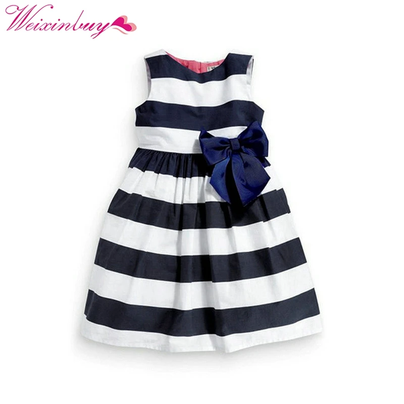 

Summer Baby Kid Girls Sleeveless Dress Blue Striped Bowknot Tutu Dresses robe fille enfant