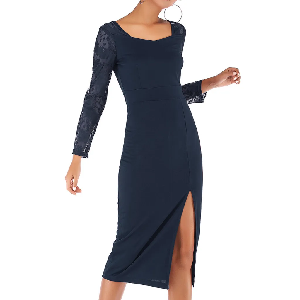 Women Panel Lace Long Sleeve Sheath Dress Zipper High Waist Split