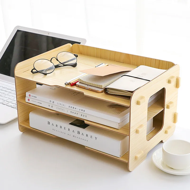 

DIY Three-tier Desktop Racks Wood Storage Management Rack Multi-functional Storage Shelf for Office School