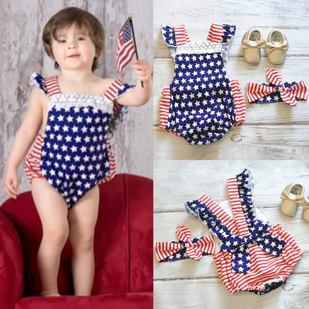 

Infant Baby Girls 4th of July Stars Striped Patriotic Backless Romper Romper vestido infantil ensemble fille robe fille Summer