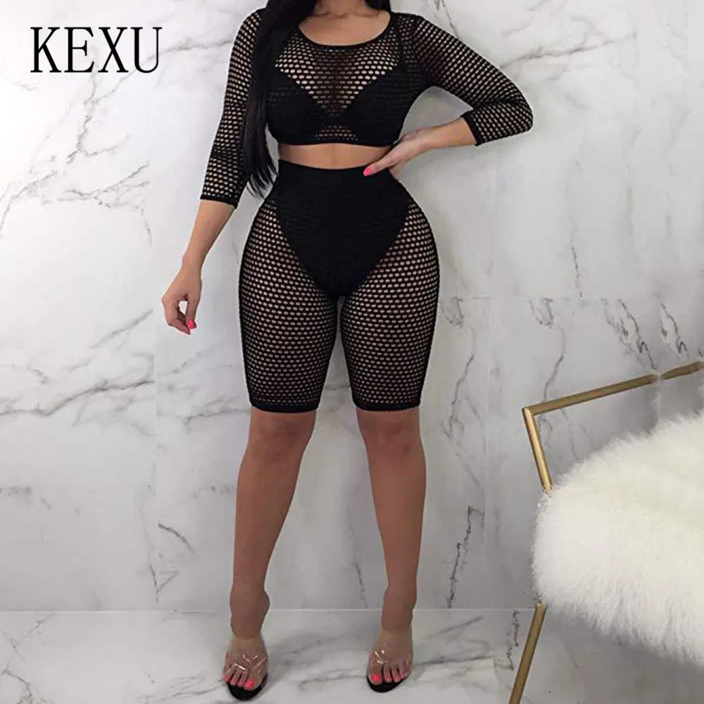 KEXU Two Pieces Sets Hollow Out Grid Sexy Playsuits Long Sleeve O Neck Bodycon Jumpsuits Summer Beach Black Bodysuits Overalls KEXU Two Pieces Sets Hollow Out Grid Sexy Playsuits Long Sleeve O Neck Bodycon Jumpsuits Summer Beach Black Bodysuits Overalls