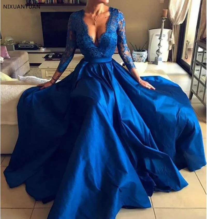 

2019 Royal Blue Plus Size Party Dresses Sexy V-Neck Lace Long Sleeve Front Split Formal Evening Dresses Long Abendkleider