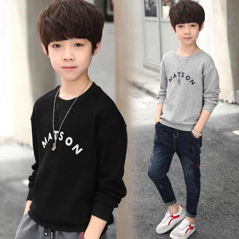 

2019 T Shirt Boys Teenagers Kids Tshirts Teens Spring Top Long Sleeve Black Gray Sweatshirt Child Tee Children Clothes 10 12 14