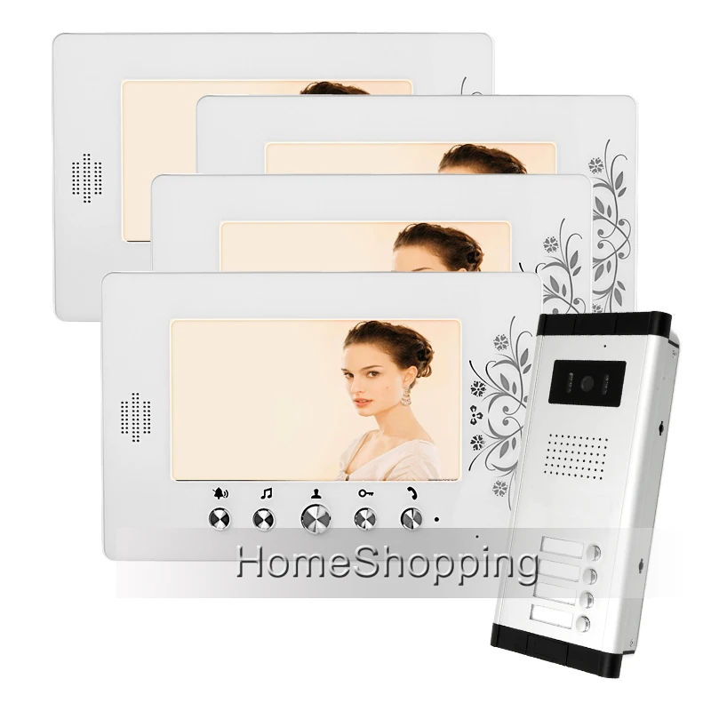 

Apartment 7" Video Intercom Door Phone System 4 White Monitor + 1 700TVL Doorbell Camera for 4 Household Apartment FREE SHIPPING