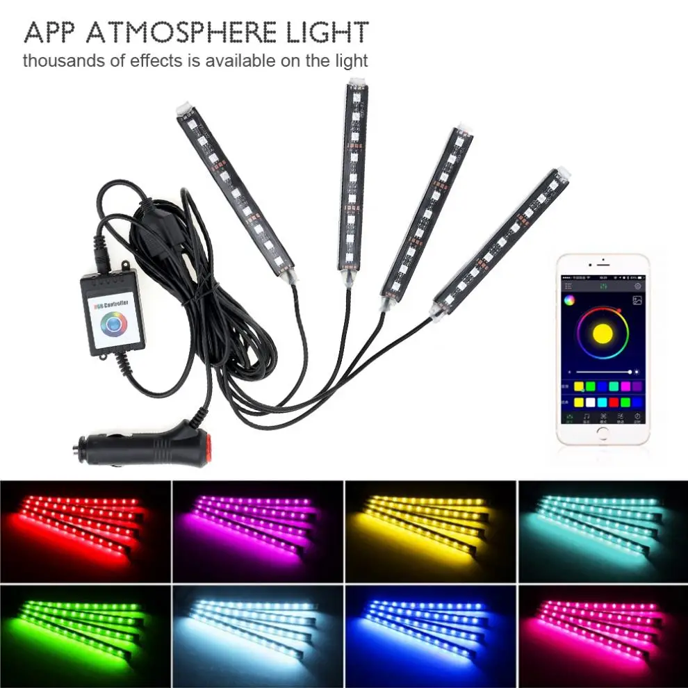 

4pcs Bluetooth Android IOS Phone Control Car Interior with RGB Strip Light Flexible Atmosphere Kit Foot Lamp