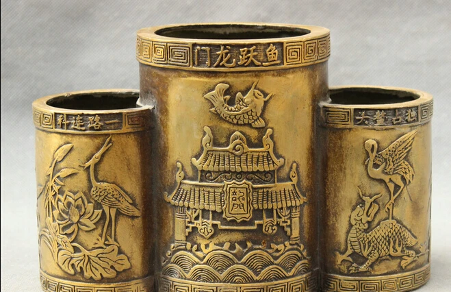 

wholesale factory 8"Folk Chinese Bronze Crane Ride Dragon Turtle Statue Fish Brush Pot Pencil Vase