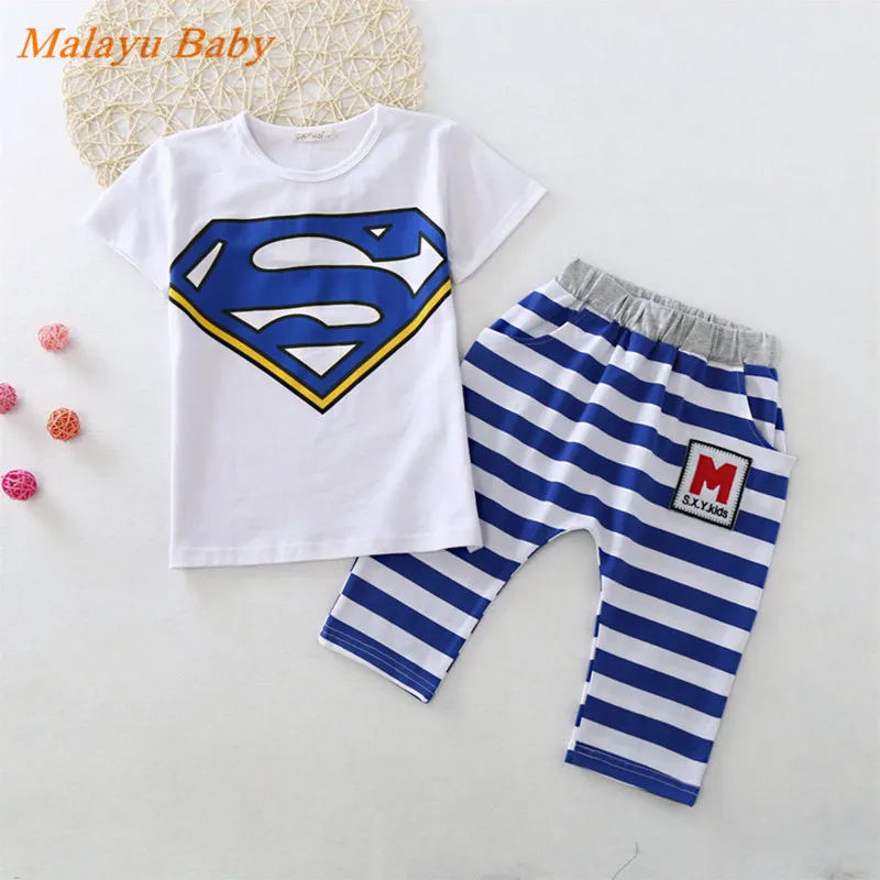 Malayu Baby/Новинка 2018 г. летняя одежда для девочек костюм Супермен мультфильм печати футболка с короткими рукавами штаны в полоску два