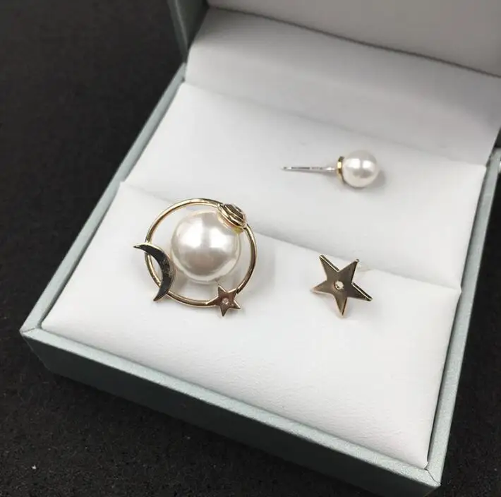 

Silver needle double-sided pearl earrings asymmetric star moon geometric circle creative stud earrings