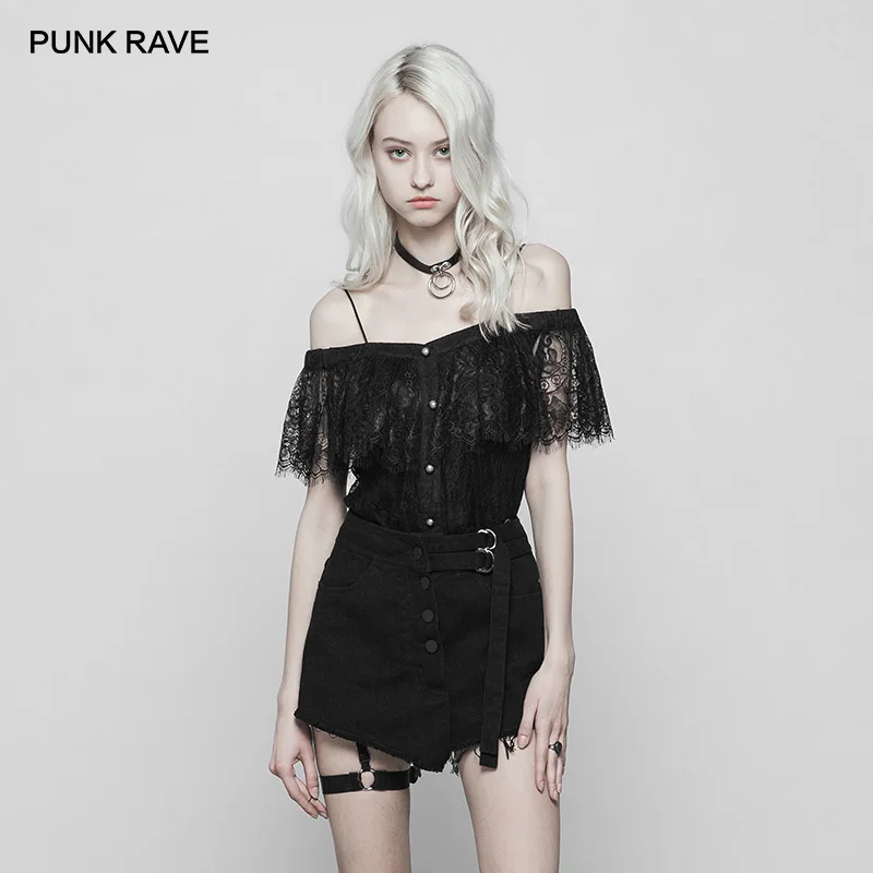 

PUNK RAVE New Gothic Women's Black Laced Lotus Leaf Off Shoulder Strap Design Lace Shirts Sexy Top Short Blouses Streetwear