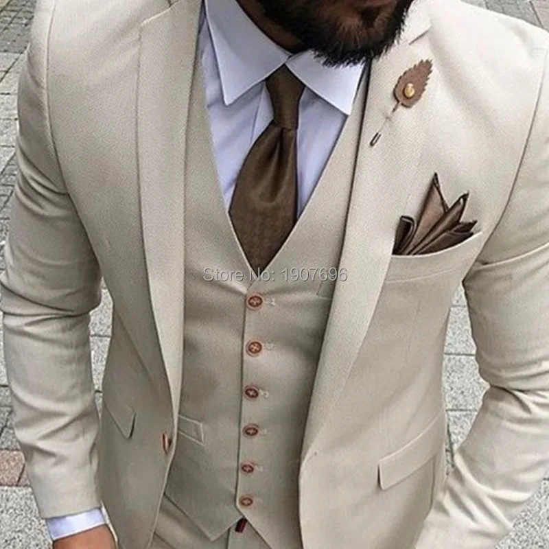 Beige Mens Suits 2018 Three Piece Jacket Pants Vest Custom Slim Fit Male Blazer Wedding Groom Tuxedos