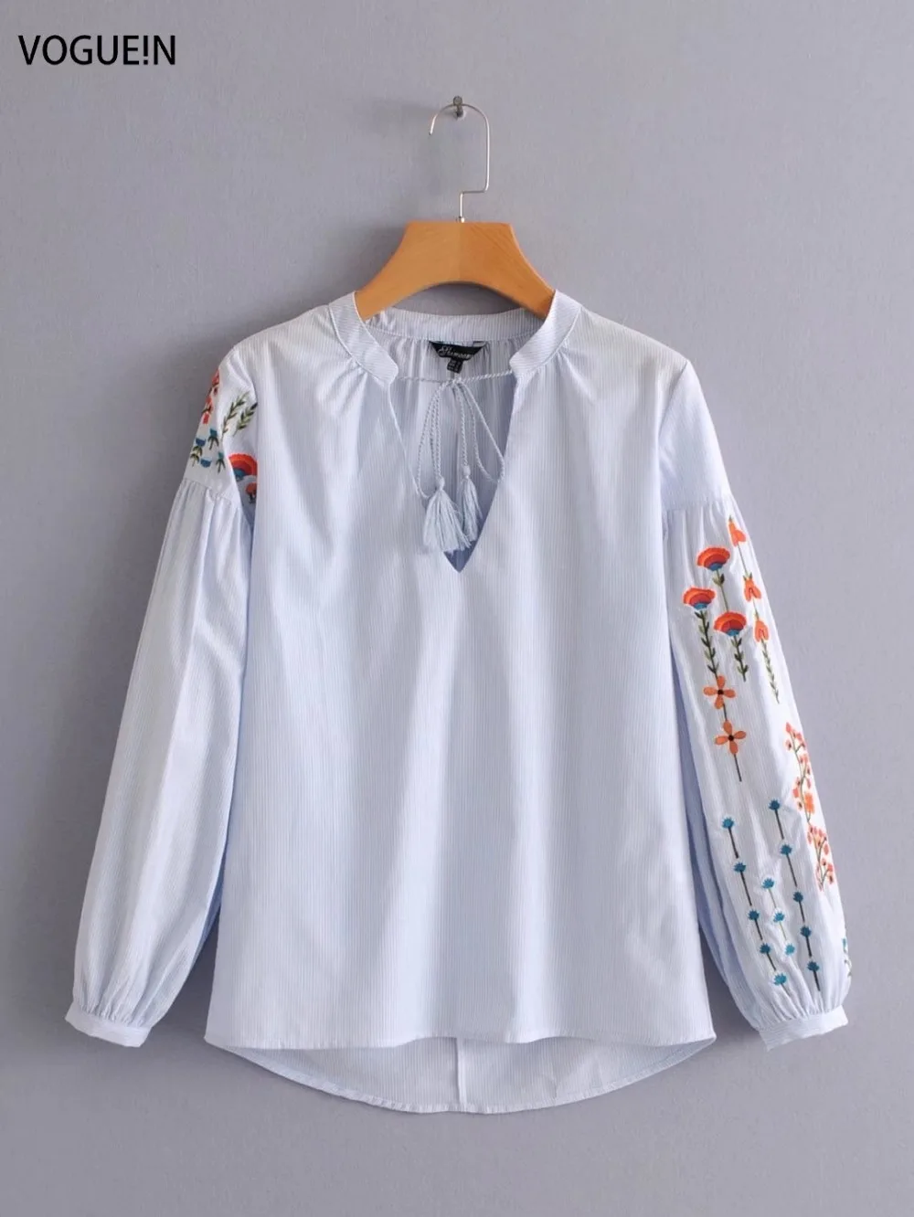 

VOGUEIN New Womens Tassels Floral Embroidery Lantern Sleeve Striped Blouse Shirt Tops Wholesale