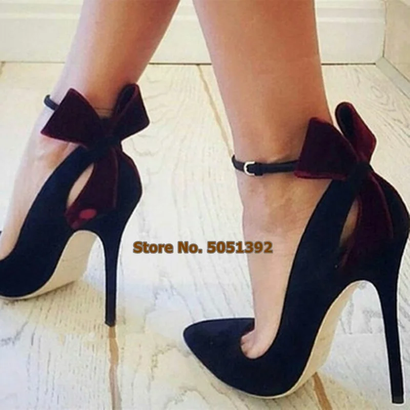 

High Heel Women Stiletto Heel Pumps Wine Red Suede Bow-knot Pointed Toe Sandals Ladies Elegant Wedding Shoes Buckle Strap