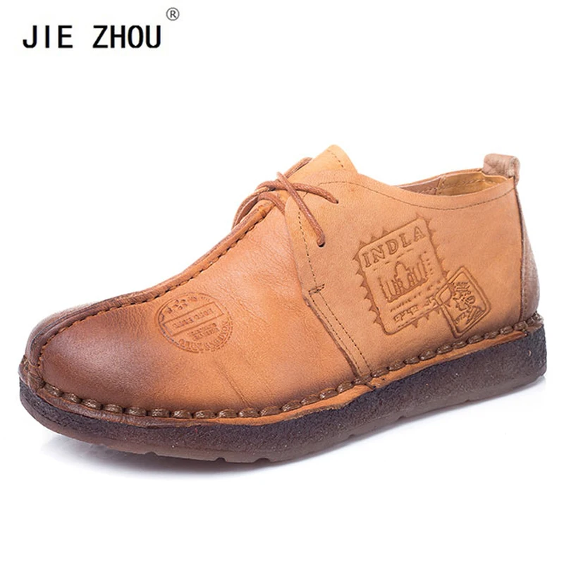 

New Women Flats Retro Hand-Sewing Shoes Woman Genuine Leather Soft Bottom Casual Shoes Woman Loafers Soft Comfortable Women Shoe