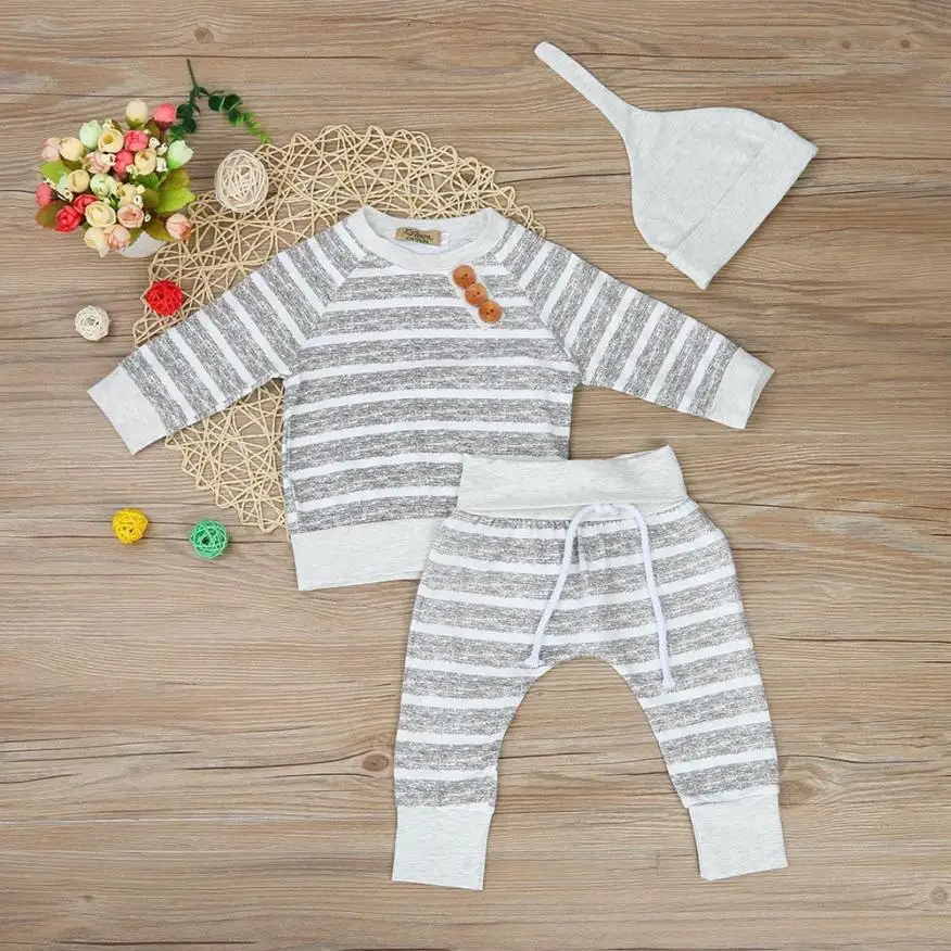 

Kids Clothes Children Clothing Set 3pcs Newborn Kid Baby Boy Girl Clothes Stripe T-shirt Tops+Pants+Hat Outfits Set 15