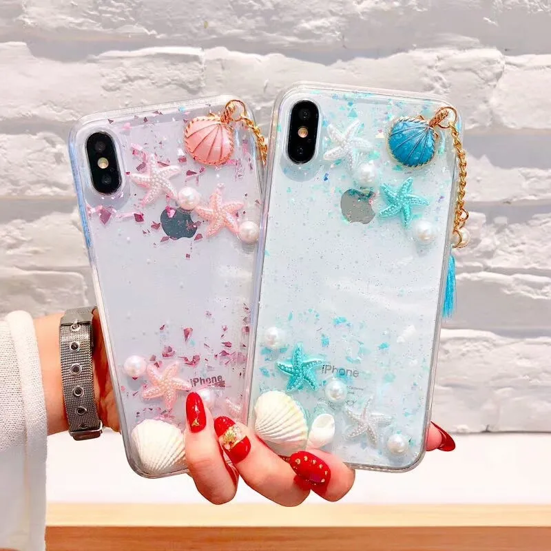 

Luxury Shell and Starfish Shiny Bling Foil Fitted Cases for Iphone 6 6S 7 8 Plus X 10 Soft Clear Cases Cover with Tassel Pendant