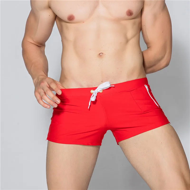 Новые мужские плавки с боковой молнией и карманами для геев, мужские плавки для плавания, мужские шорты для плавания, пляжные мужские плавки, купальный костюм - Цвет: Красный