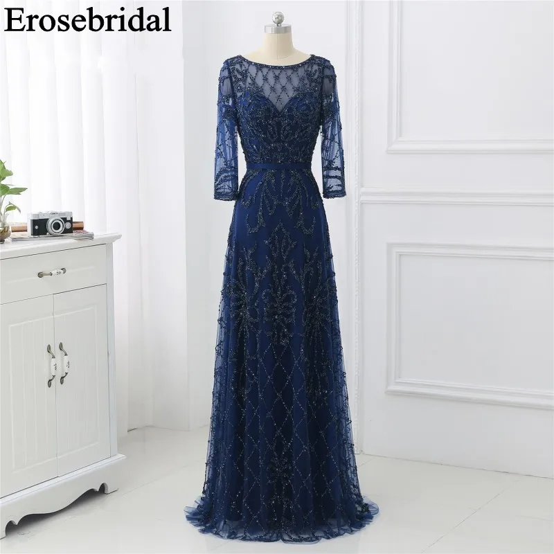 Elegant Evening Dress Long 2019 Long Sleeve Robe Soiree Long Formal Dresses Evening Gown Red/Navy/Grey Luxury Beaded