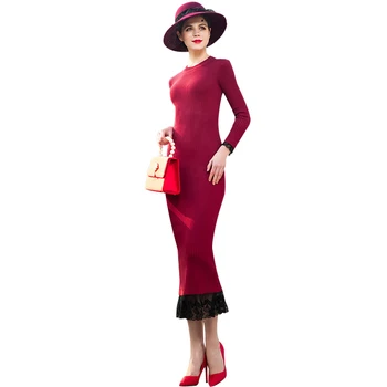 

Spring Autumn Sheath Patchwork Lace Long Dress Pencil Elastic Sexy Plus Size Long Sleeves Elegant Dress 8066