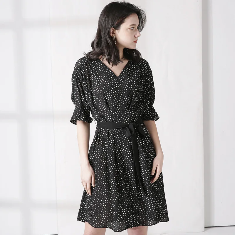 Elegant Dress For Women 100% Silk V Neck Dot Print Summer Dresses Female Casual A Line Loose Batwing Sleeve Lace Up Vestidos