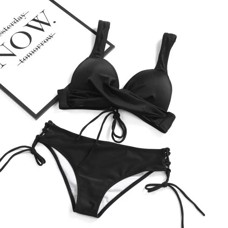 

New Wide Shoulder Straps Bikini Push Up Swimwear Women Low Waist Swimming Suit Sexy Solid Bandage Biquini Two-Pieces Swimsuit