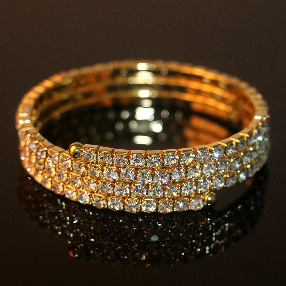 Gold Color 3 Rows Rhienstone Spiral Upper Arm Cuff Armlet Bracelet