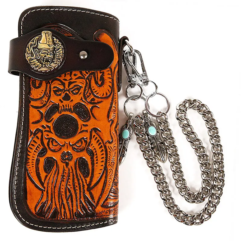 Vintage Men Wallet Cow Leather Carving Personality Handmade Chain Zipper Handbag Coin Dollar Card Holder Purse | Багаж и сумки