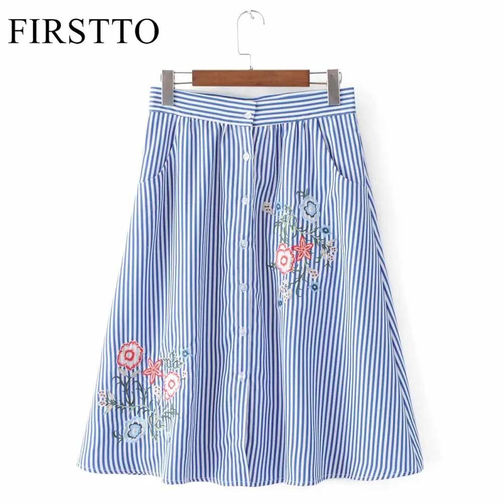 

FIRSTTO Sweet Blue White Striped Floral Embroidery High Waist Pockets Button Skirt Stylish Women Knee-Length Swing A-Line Skirts