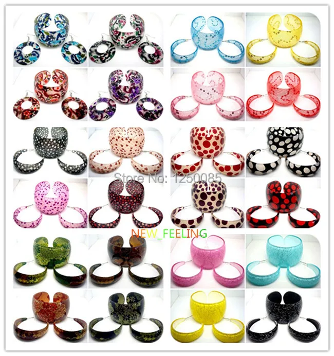 

6 Sets Mixed colors Fashion Pattern Resin Lucite Solid Cuff Statement Bracelet Bangle Earring Jewellery set BG2