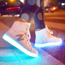 2016 Winter High Top Letter Led Shoes For Women Glowing Dance Black Wihte Light Up New