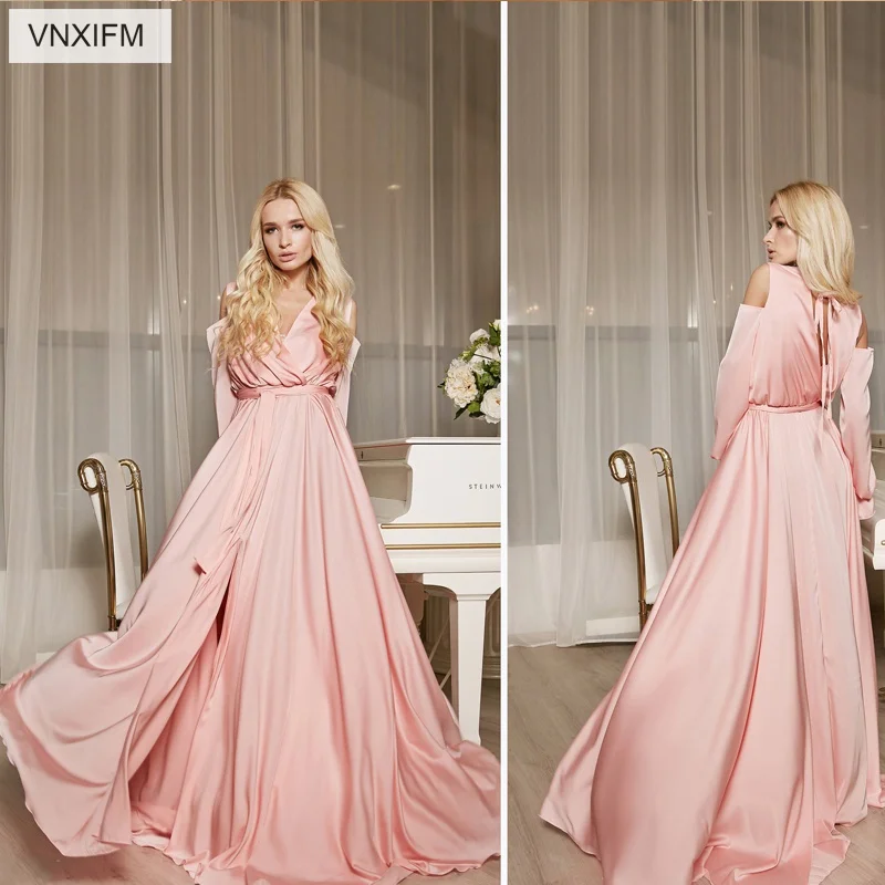 

VNXIFM 2019 New Arrival Pink Long Formal Dresses A-line Lace Satin Long Sleeves Elegant Wedding Party Gowns