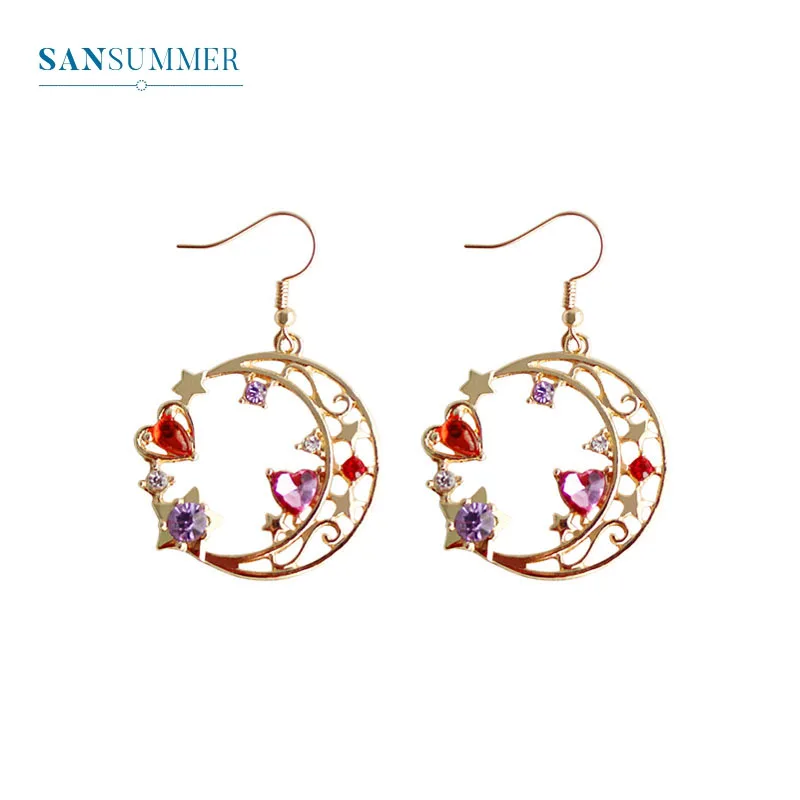 

Sansummer 2019 New Hot Fashion Colorful Rhinestone Hollow Moon Stars Heart Youth Girl Pendant Earrings Woman Jewelry