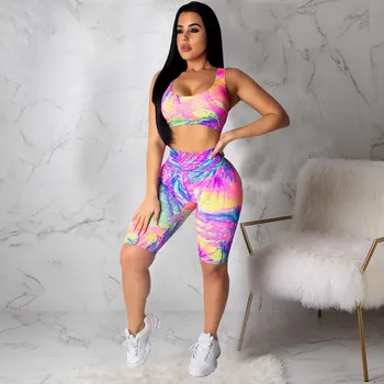 

Sexy 2 Piece Matching Sets Summer Clothes Tie Dye Print Crop Top And Biker Shorts Club Outfits Casual Tracksuit