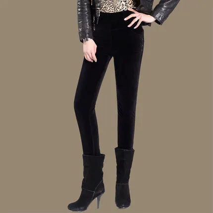 Зимние плотные бархатные женские Стрейчевые вельветовые брюки, женские теплые кашемировые брюки, эластичные узкие брюки-карандаши с высокой талией, 4XL 5XL - Цвет: Черный