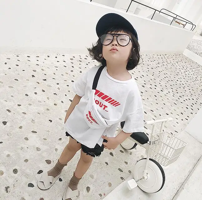 

Fashion Summer Korean style baby boys girls short sleeve Letter printed T shirt with bag cotton children Tees kids school outfit