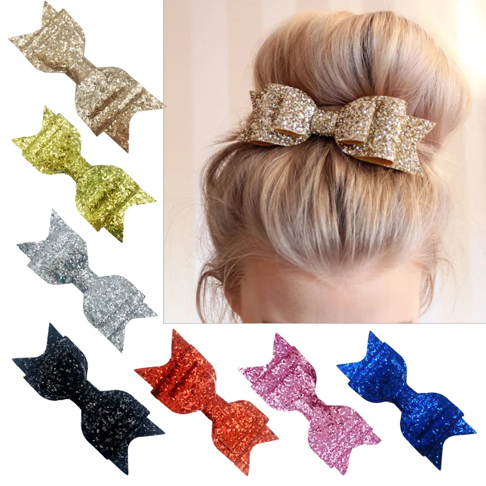 Yundfly 16 Colors Fashion Girls Women Hair Clips Lady Sequin Big Bowknot Barrette Hairpin Kids Adult Hair Bow Accessories afbeelding