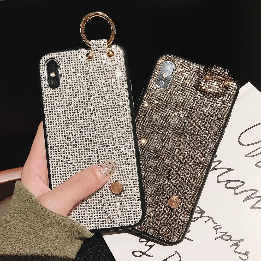 Case For iPhone Xr X Xs Max Cover Korean Shiny Glitter Sequins Girly Wristband Stand Phone Cases (2)