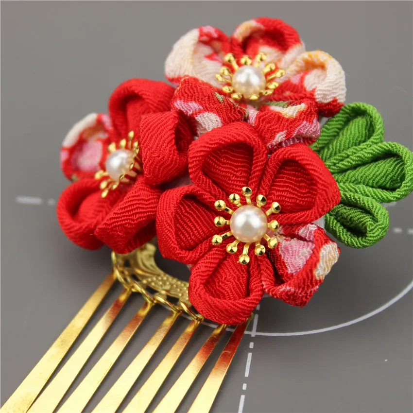 Estilo japonês tsumami kanzashi rosa vermelho sakura