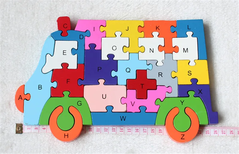New wooden toy  Cartoon Color Ambulance 26 piece English letters and digital cognitive Wooden Jigsaw Puzzle Free shipping