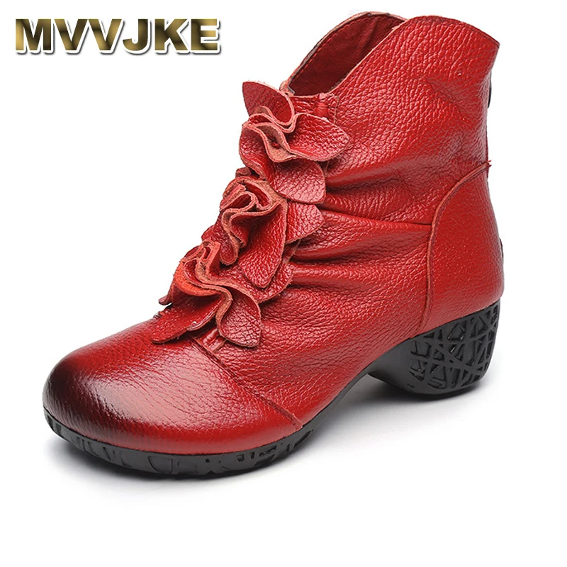 

MVVJKE 2017 Winter Fashion Women Genuine Leather Boots Handmade Vintage Flower Ankle Botines Cow Leather Shoes With