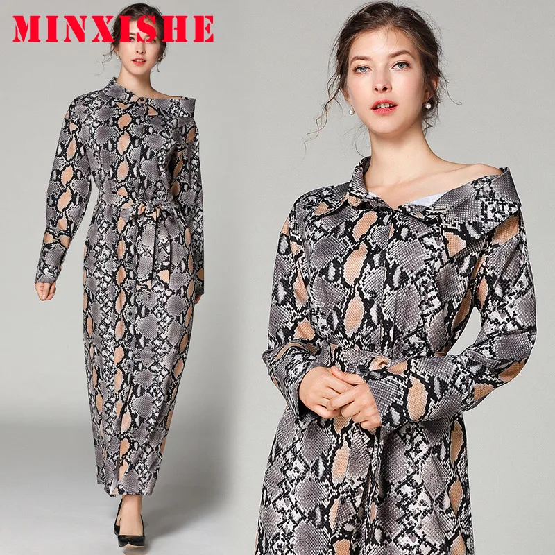 

Autumn woman Dress new 2019 Polo Shirt plus size Leopard Snake Bandage Maxi Long sleeve Casual Elegant robe party ladies Dresses